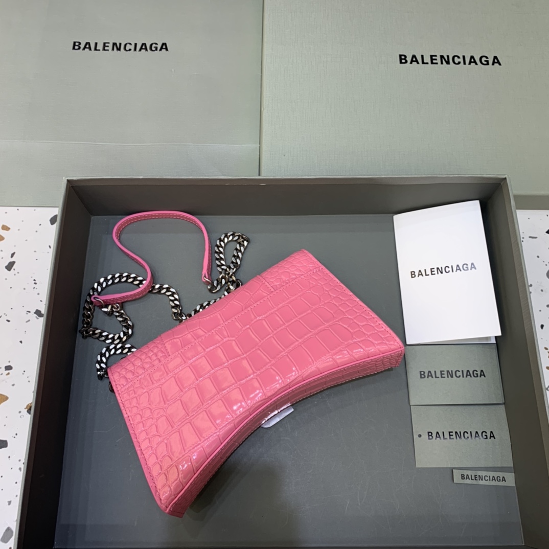 Balenciaga Big Hourglass Wallet With Chain Crocodile Embossed Shoulder Bag Pink